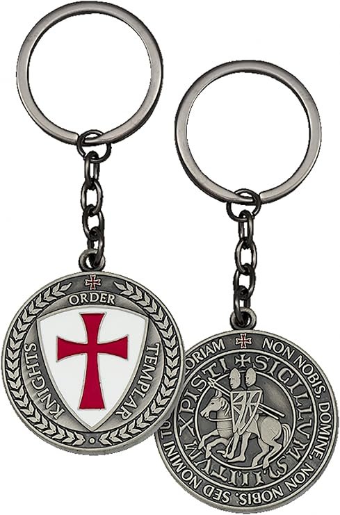 Tiendas LGP - Llavero Cruz Templaria y Caballeros Templarios, Esmaltado, Doble Cara, Metálico plateado envejecido