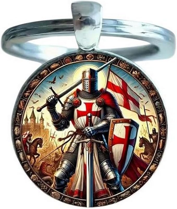 Llavero, joya de bolsa, cabujón caballero templario batalla de acero.
